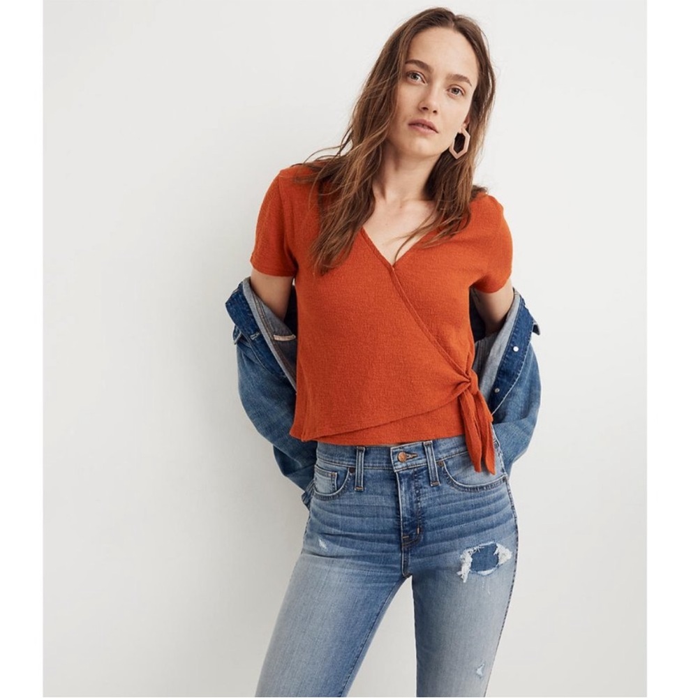 Madewell Texture & Thread Wrap-Tie Top, Orange, size small